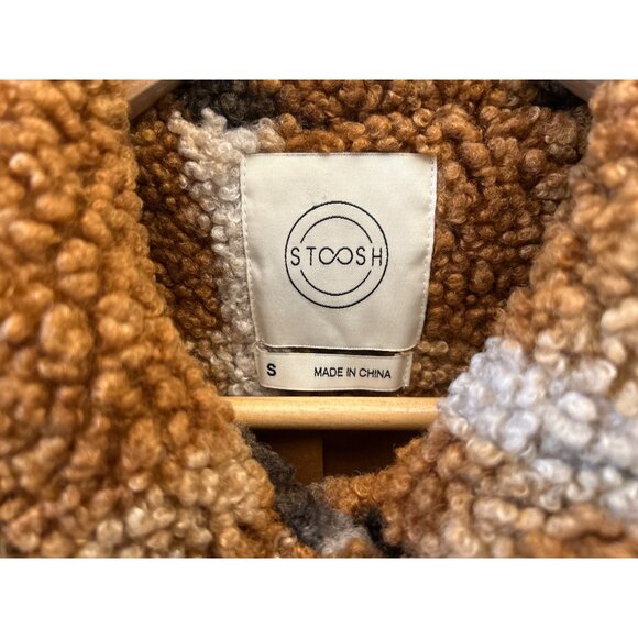 Stoosh Plaid Sherpa Teddy Jacket Brown Black White Check Cozy Retro Y2K Style - Picture 3 of 5